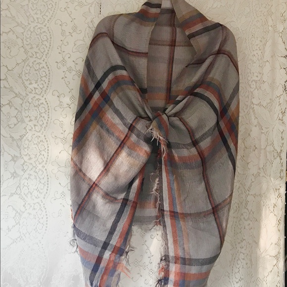Boho Fringed Shawl Wrap Scarf Gray Rust Navy Plaid - Picture 2 of 12